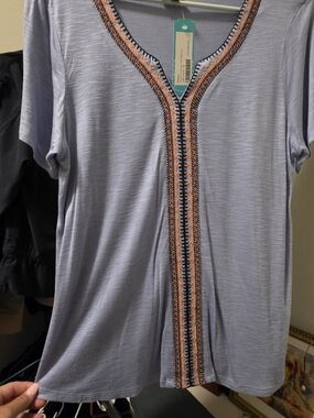 bobeau light lavender top with peach and navy embroidery